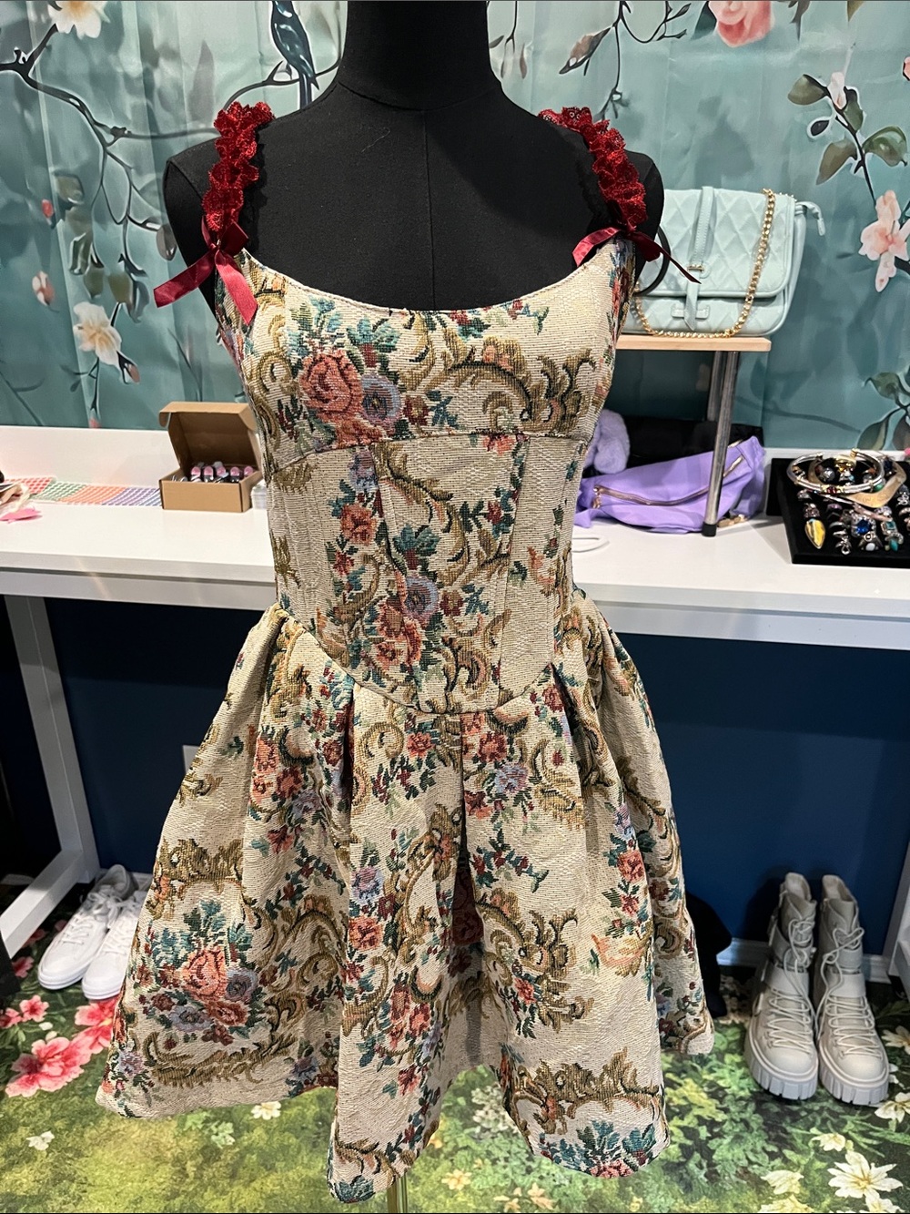 NWT Widow Floral Tapestry A-Line Dress with Red Ribbon Straps